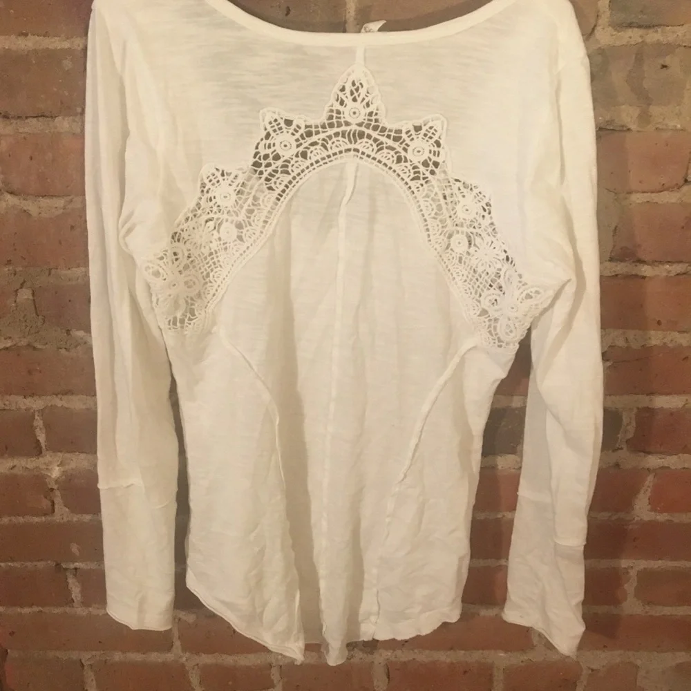 Free People White Lace-Trim Henley Long-Sleeve Top